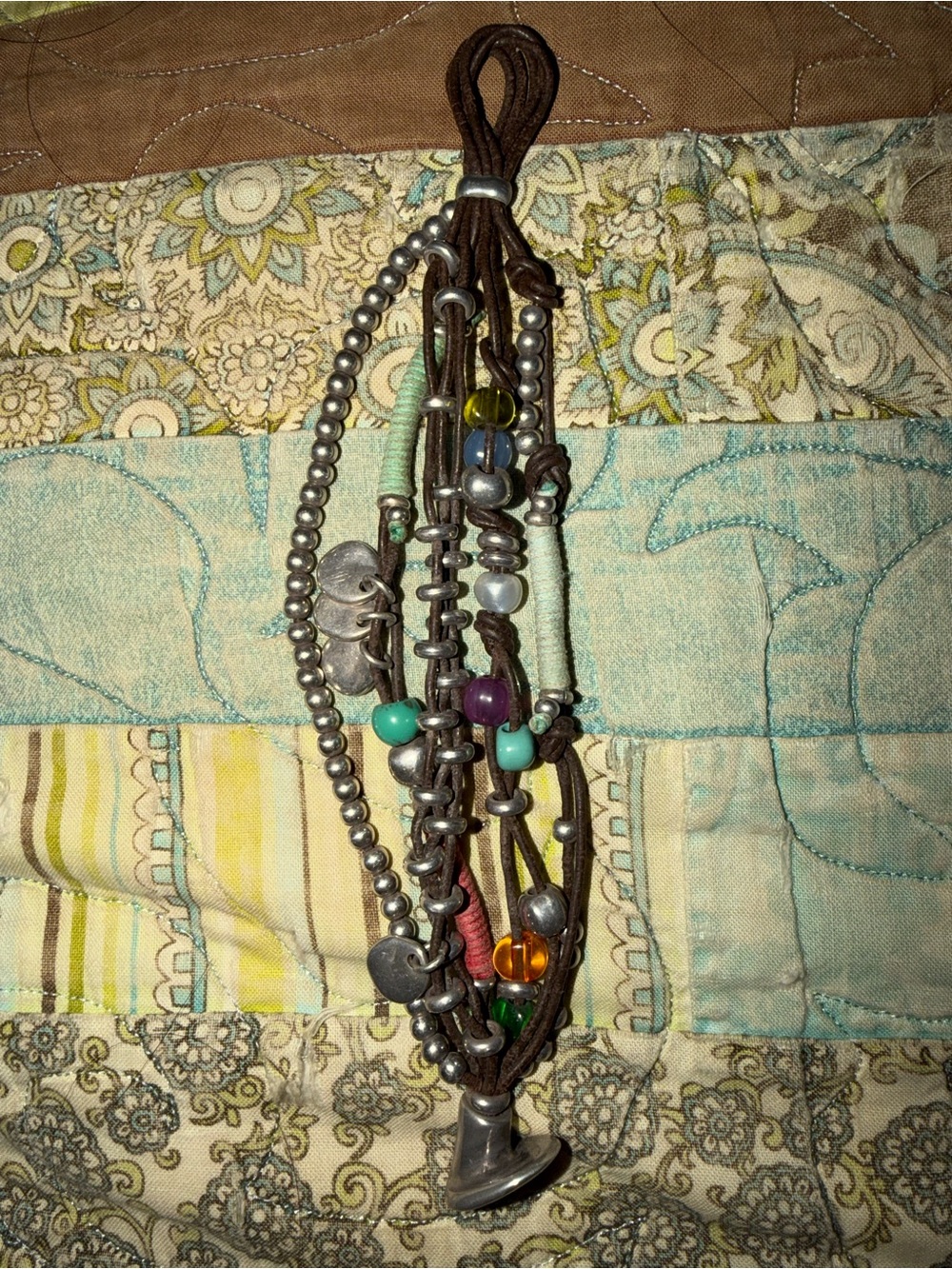 Boho Multi-Strand Leather and Bead Bracelet - Turquoise, Purple, Orange, Silver